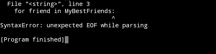 Terminal error for incomplete for loop